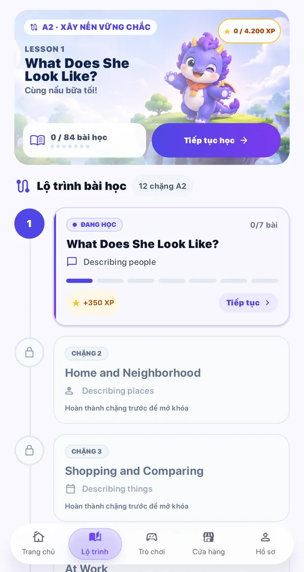Lộ trình bài học cấp A2: bài 'What Does She Look Like?' cùng các chặng tiếp theo