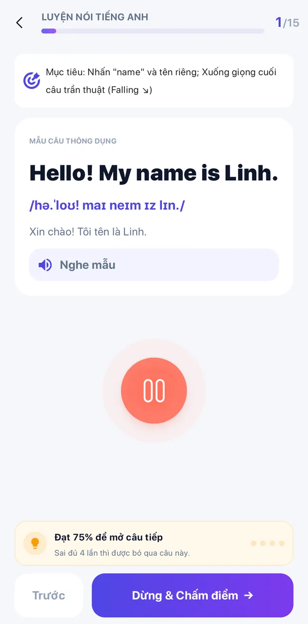 Bài luyện nói: câu mẫu 'Hello! My name is Linh.' kèm IPA, nghĩa tiếng Việt và nút ghi âm